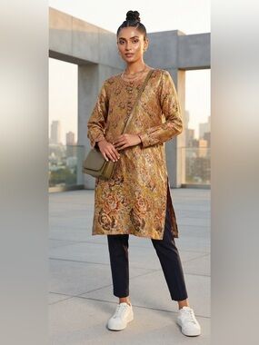 🌸Vintage Gold & Copper Floral Brocade Indian Tunic Kurti Top Size S/M